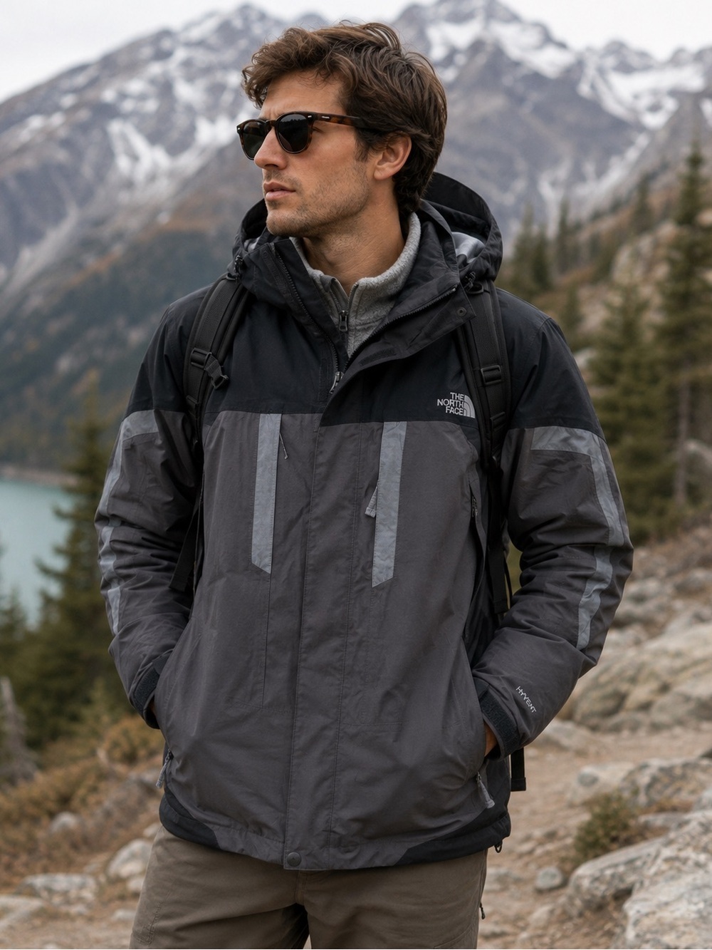 The North Face sz L Black and Gray Waterproof Shell Ski Jacket Hyvent great cond